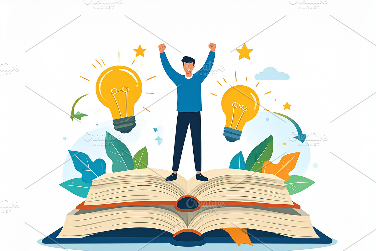 Young person standing confidently on a large book, an Education Illustration by DanFLCreativo