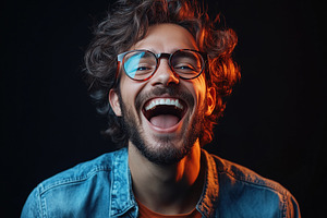 A young IT Evangelist man with curly hair and glasses laughing joyfully against, a Person Photo by Textures & Backgrounds