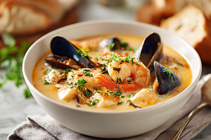 Delicious seafood chowder with shrimp and mussels, a Food & Drink Photo by AlyaAnd