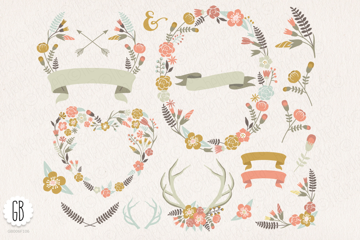 Floral wreaths heart antler laurels, an Illustration by GrafikBoutique (Photo 1 of 3)
