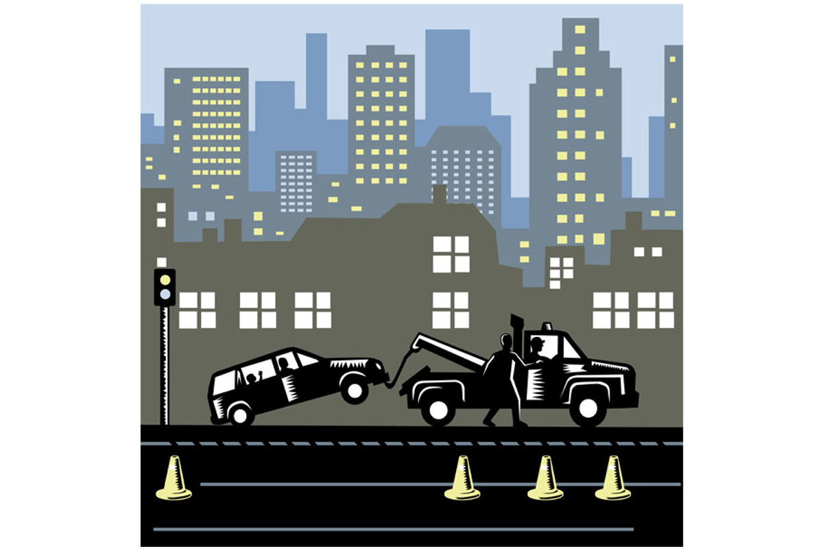 Tow Truck Towing Car Woodcut, a Decorative Illustration by patrimonio (Photo 1 of 3)