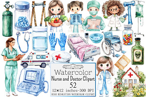 Watercolor Nurse and Doctor Clipart, a Seasonal Illustration by Design Market