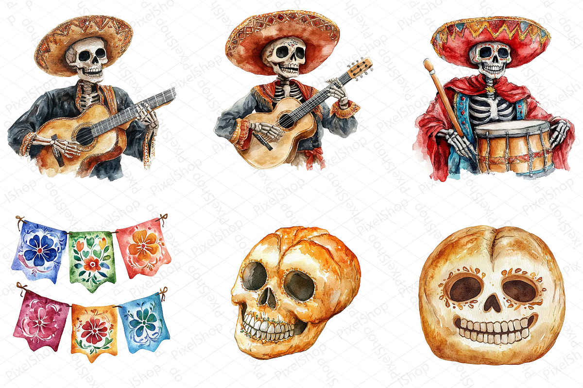 Watercolor Mexican Halloween Clipart, an Illustration by DreamPrint404 (Photo 5 of 6)