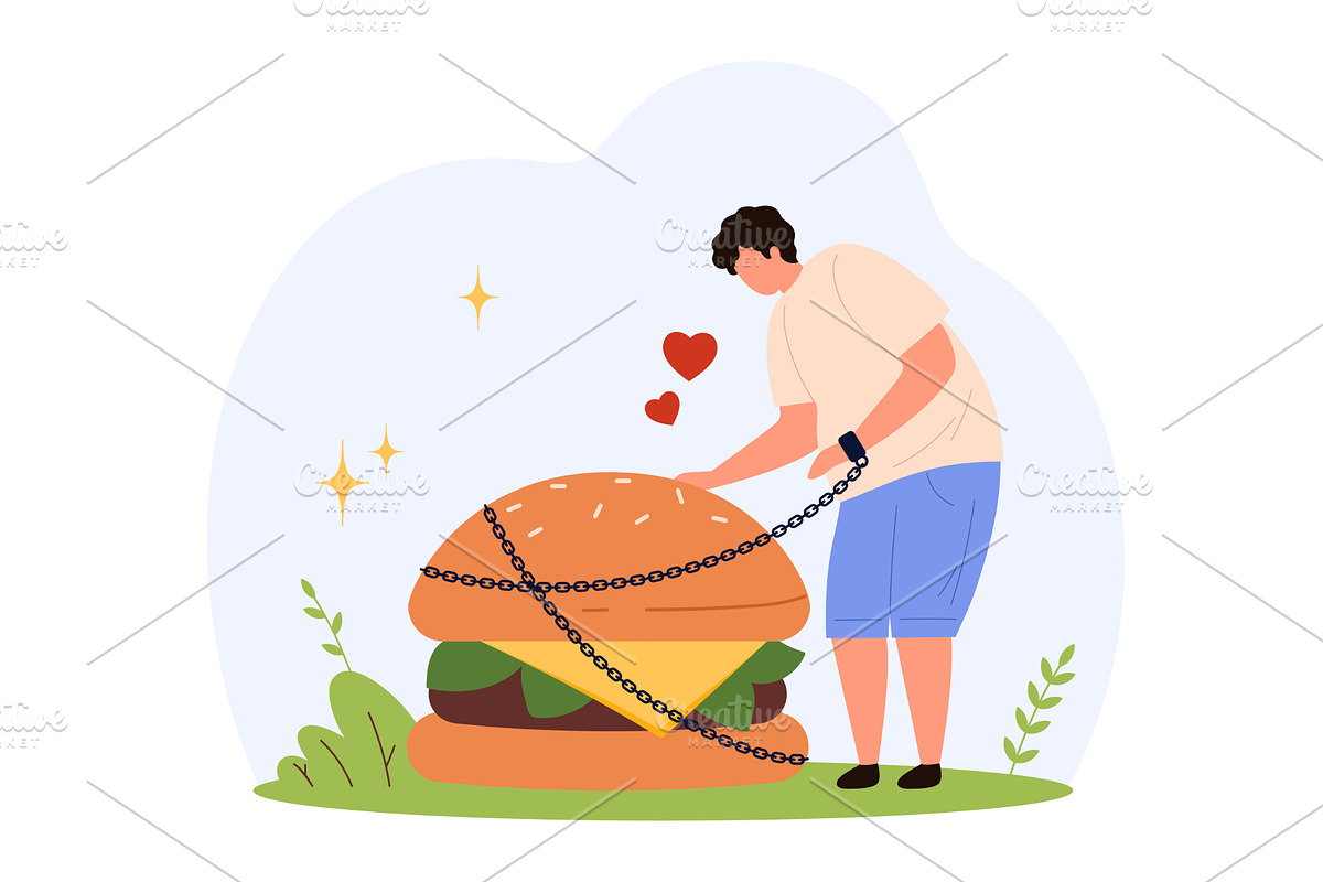 Man Chained To Giant Cheeseburger, an Object Illustration by Flashvector