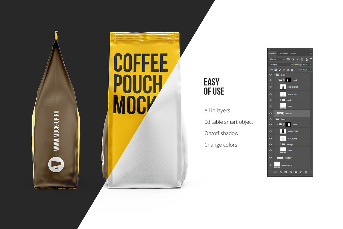 Coffee Pouch. Front and side views, a Packaging Mockup by easymock (Photo 4 of 8)