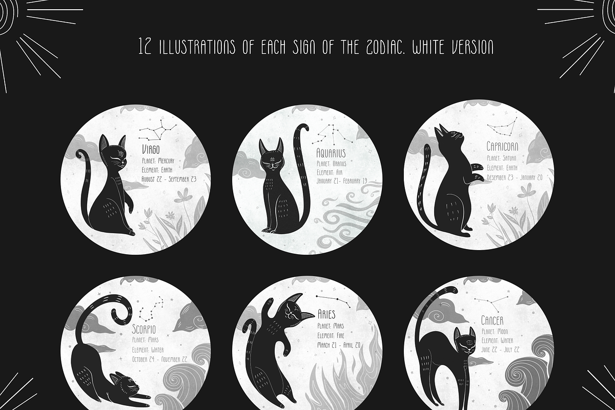 Zodiac Cats.Mystic astrology clipart, an Animal Illustration by Samnay Arts (Photo 8 of 16)