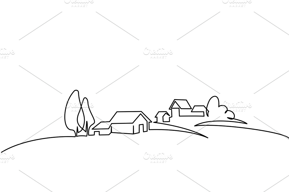 Landscape with village houses on, an Outline Icon by Valenty