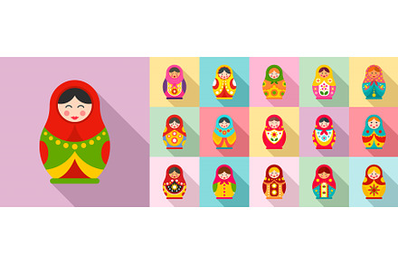 Nesting doll icon set, flat style, an Illustration by Ylivdesign