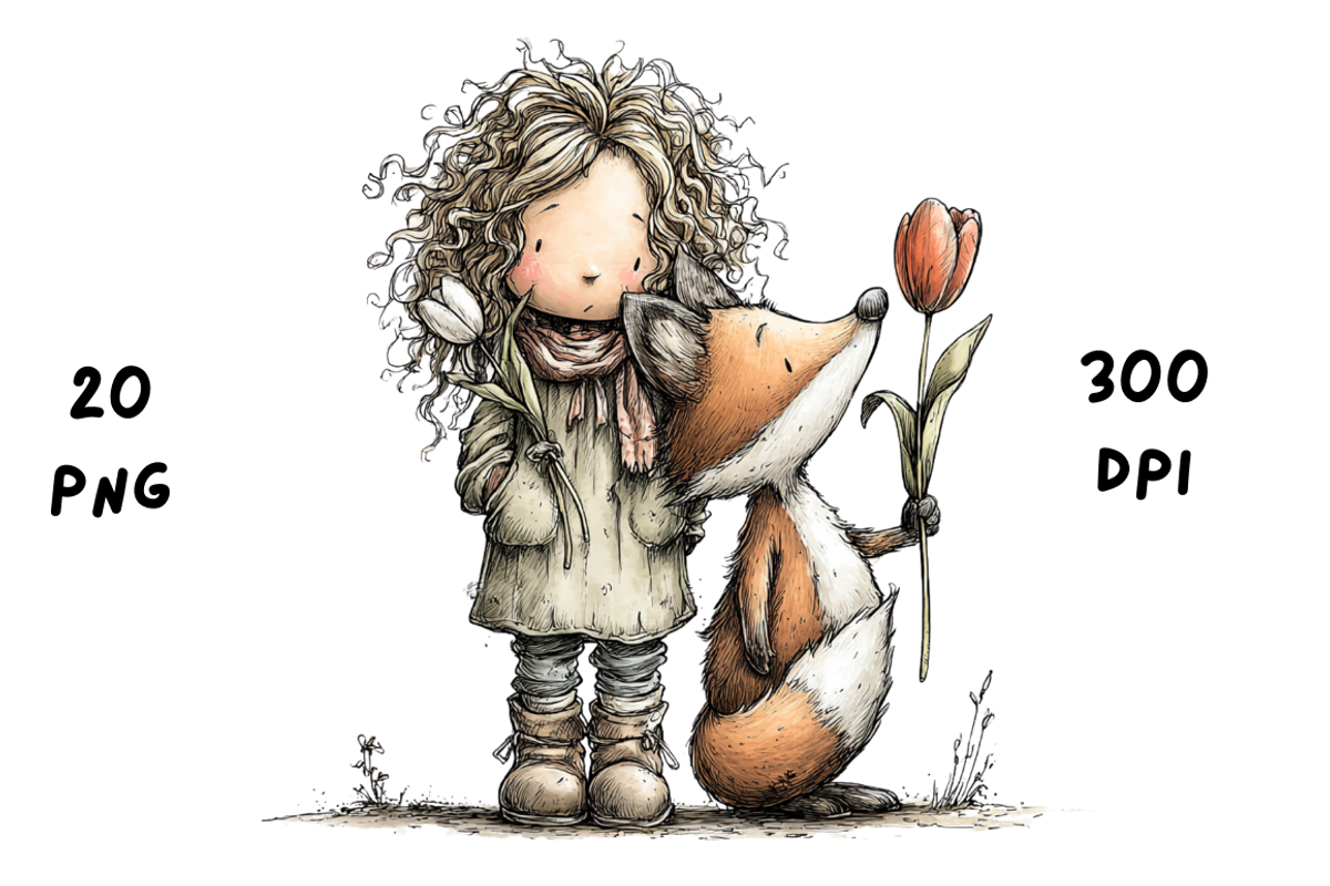 Whimsical Floral Girl & Fox Clipart, an Animal Illustration by GiraffeCreative (Photo 4 of 20)