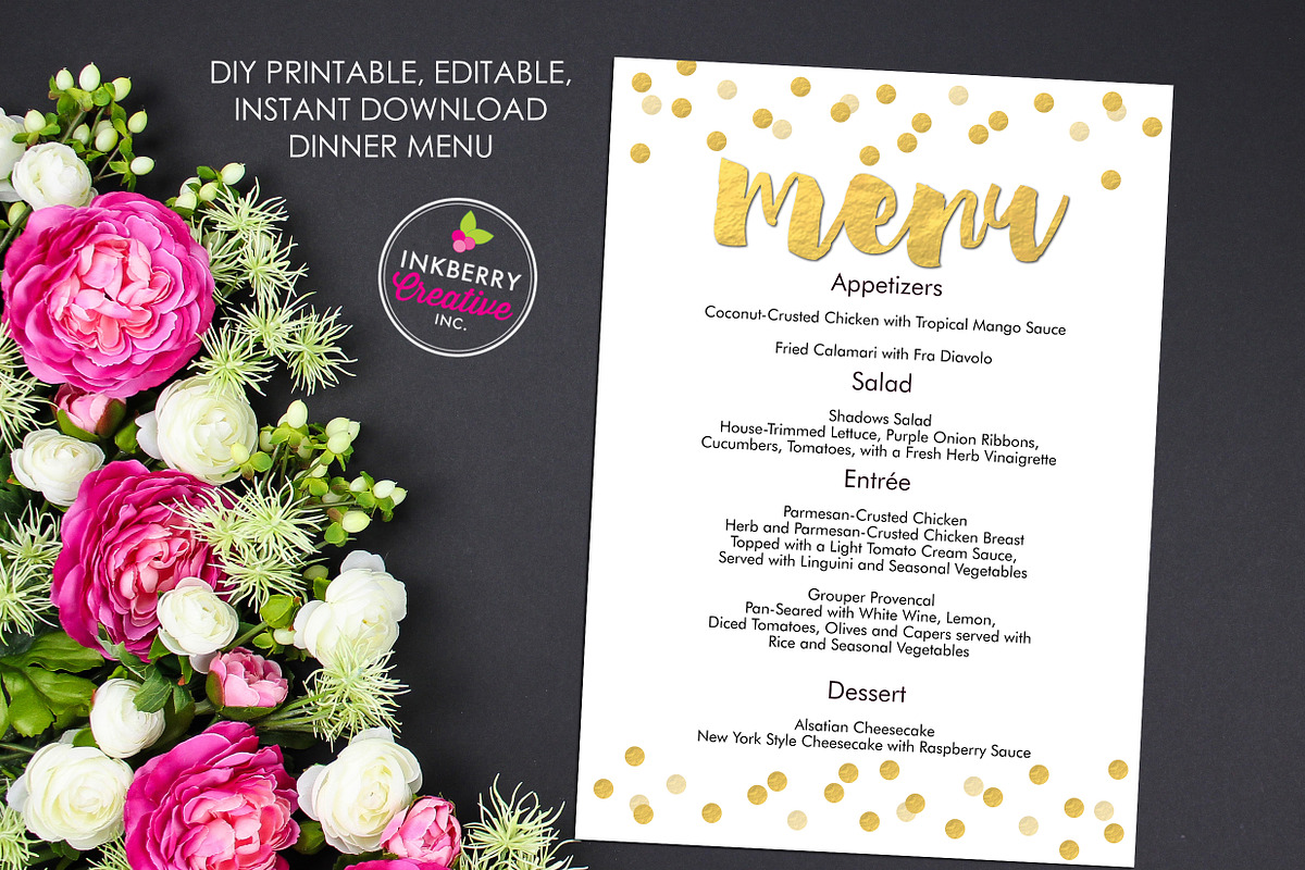 Gold Confetti Editable Wedding Menu, a Stationery Template by Inkberry Creative
