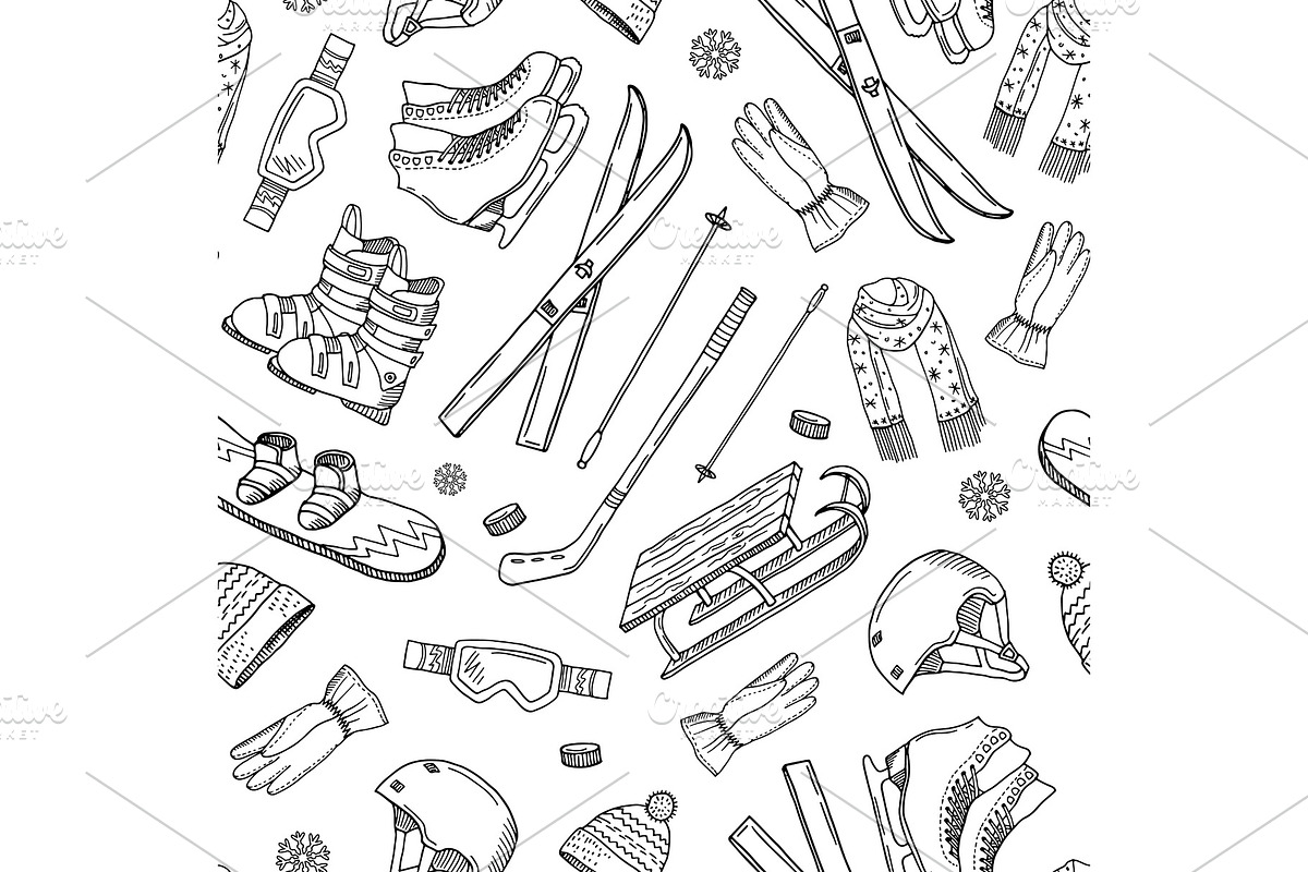 Vector hand drawn winter sports equipment and pattern or background, a Background Graphic by Onyx