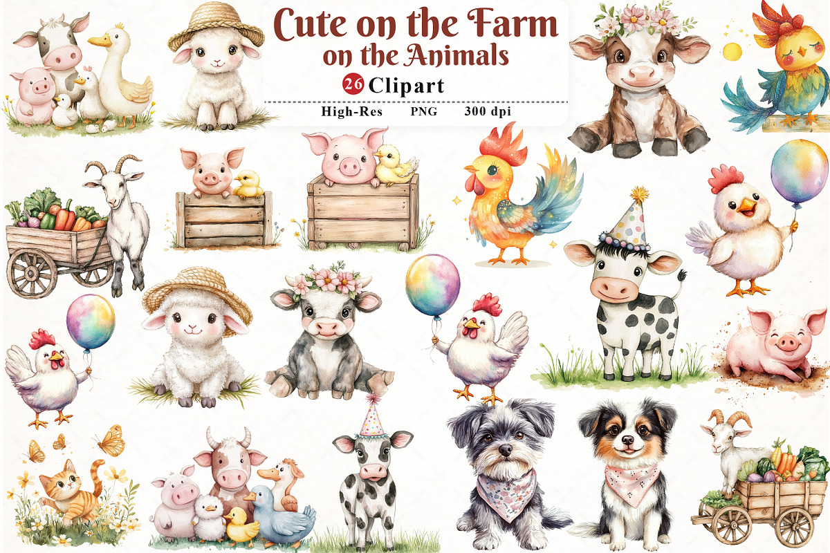 Cute on the Farm on the Animals png, an Illustration by Watercolor design (Photo 1 of 4)