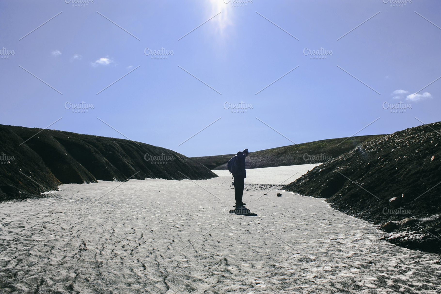 Icelandic mountain landscape with alone man in landmannalaugar stock photo, a Nature Photo by katiisoup