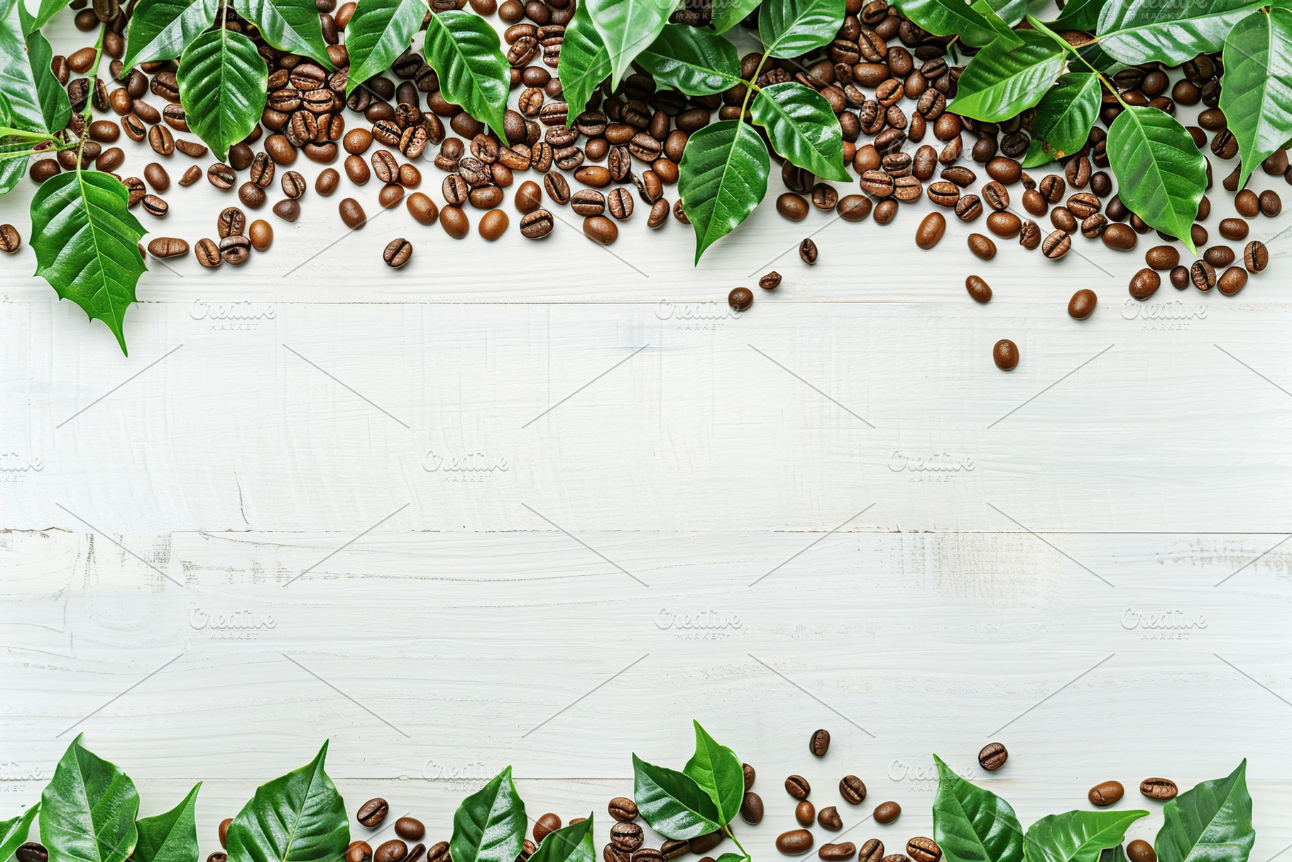 Flat lay of coffee beans with green leaves and copyspace for text on white wood, a Food & Drink Photo by AlyaAnd