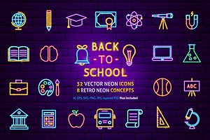 Education Back to School Neon Icons, an Outline Icon by Anna_leni