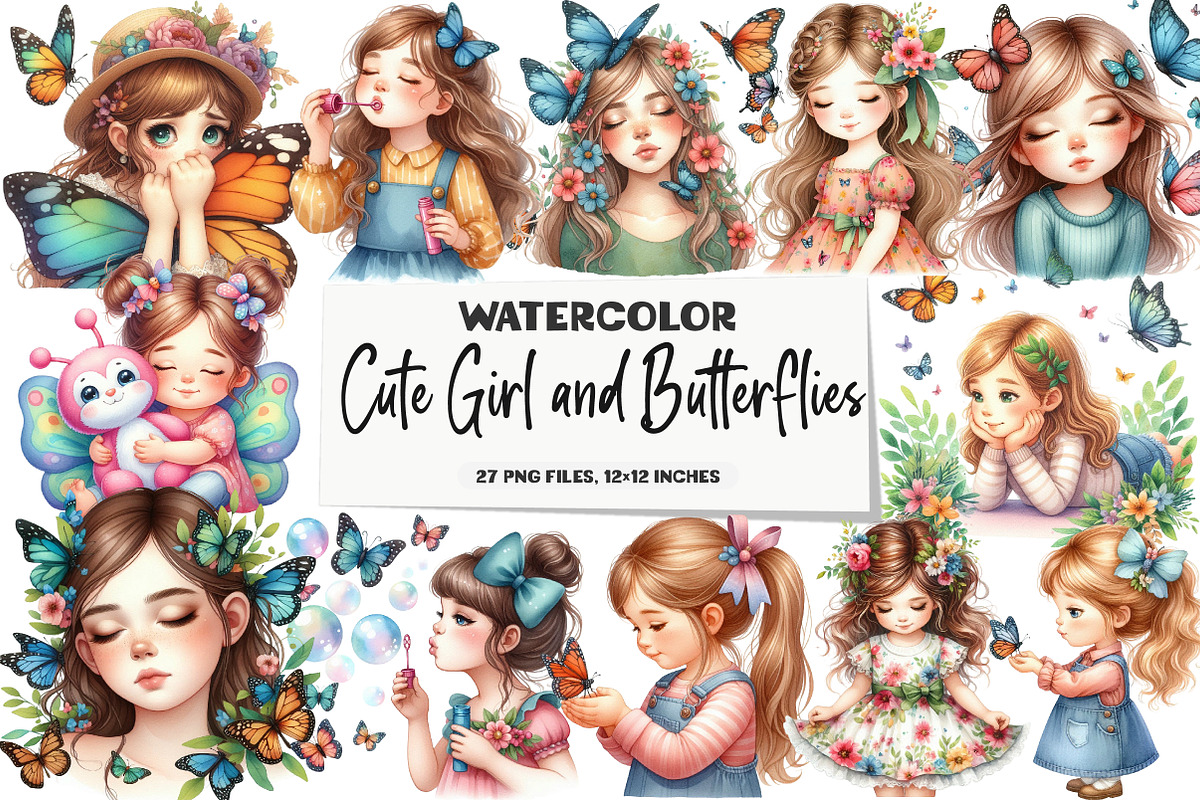 Cute Girl and Butterflies Clipart, an Illustration by DreamArtGraphic (Photo 1 of 6)