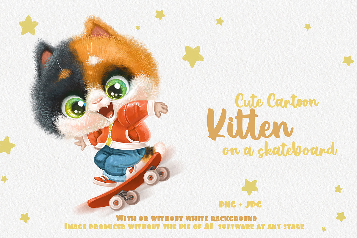 Multicolored Kitten on skateboard, an Animal Illustration by Azuzlikus (Photo 1 of 4)