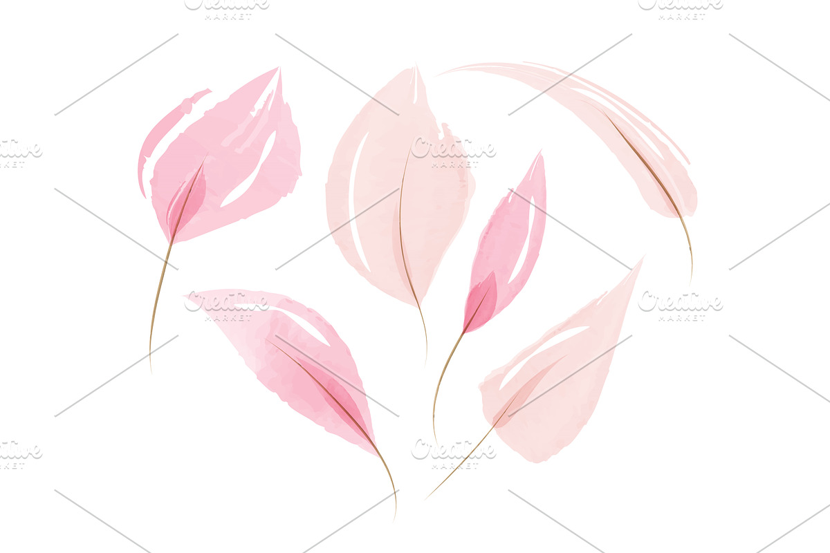 Watercolor pink delicate leaves set, an Object Illustration by okskukuruza