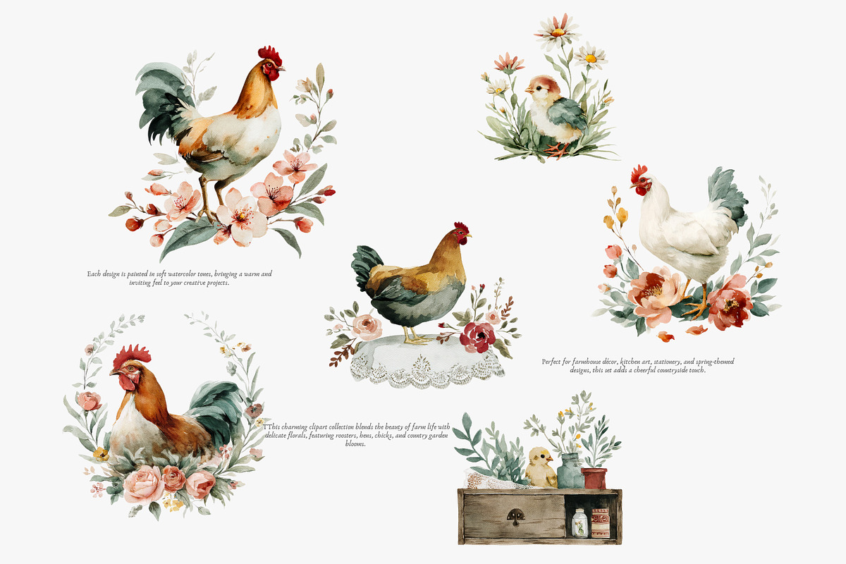 Rustic rooster and chicken watercolo, a Decorative Illustration by Patishop Art (Photo 3 of 8)