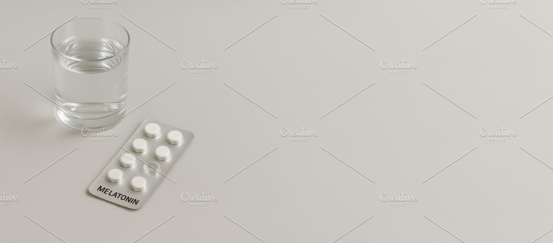 Melatonin pills with glass on white, a Photo by Dvoevnore photos
