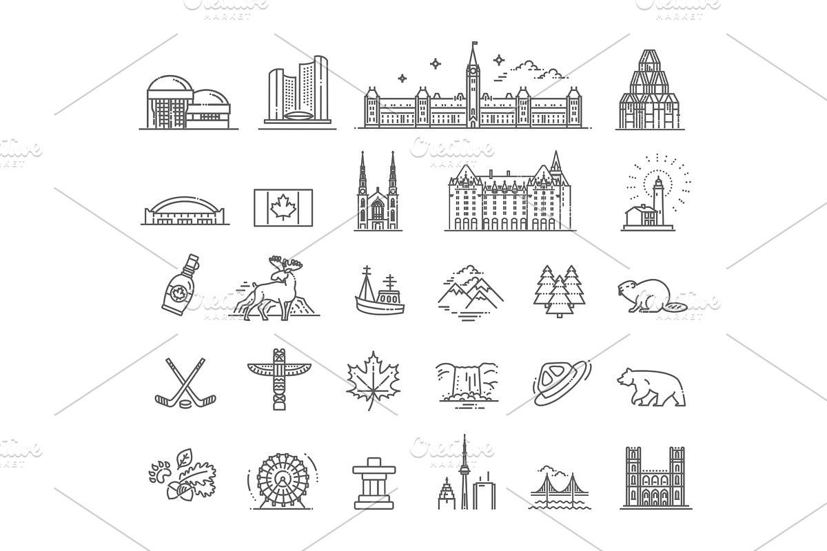 Travel Canada traditional line icons, an Object Illustration by Tettygreen