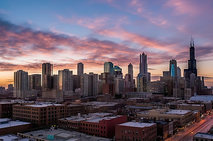 Aerial view of downtown Chicago skyline in snow, Illinois, USA., an Architecture Photo by AS photostudio