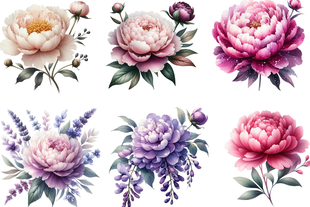 Pink & Purple Peony Flowers Clipart, an Illustration by Designking (Photo 3 of 4)