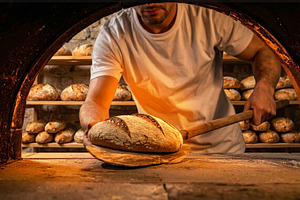 Artisan Baker Removing Fresh Bread from Oven, a Food & Drink Photo by Davizro's Market