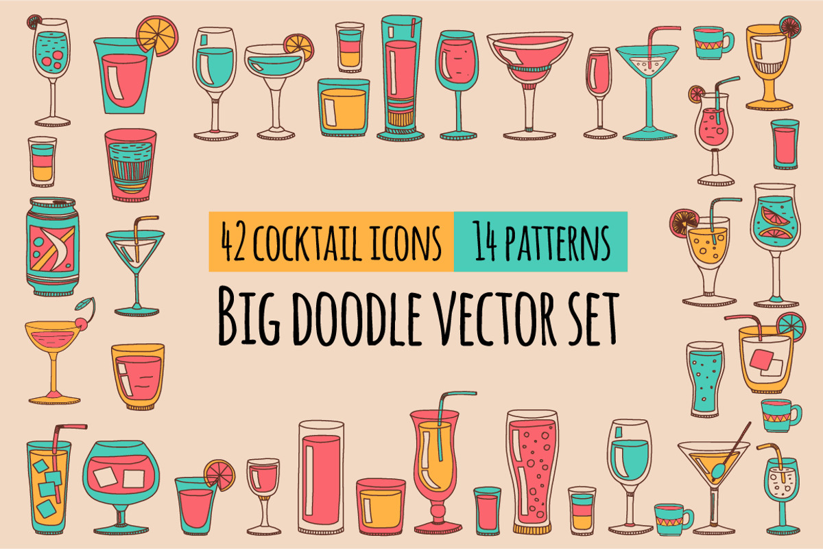Doodle cocktail icons and patterns, a Pattern Graphic by Art Loft (Photo 1 of 16)