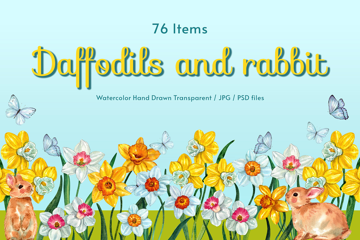 Daffodils and Rabbit Watercolor, an Animal Illustration by CreativeValuation (Photo 1 of 12)