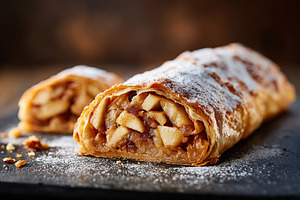 Delicious apple strudel with a golden crust and sweet apple filling on a rustic, a Food & Drink Photo by AlyaAnd