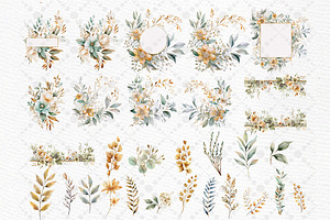 Watercolor Gold Teal Flowers Clipart