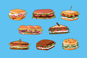 Sandwiches, burgers set, backgrounds, a Food Illustration by PaperTrident
