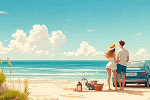 Young couple relaxing by sea with car on a sunny coastal day, an Illustration by AS photostudio