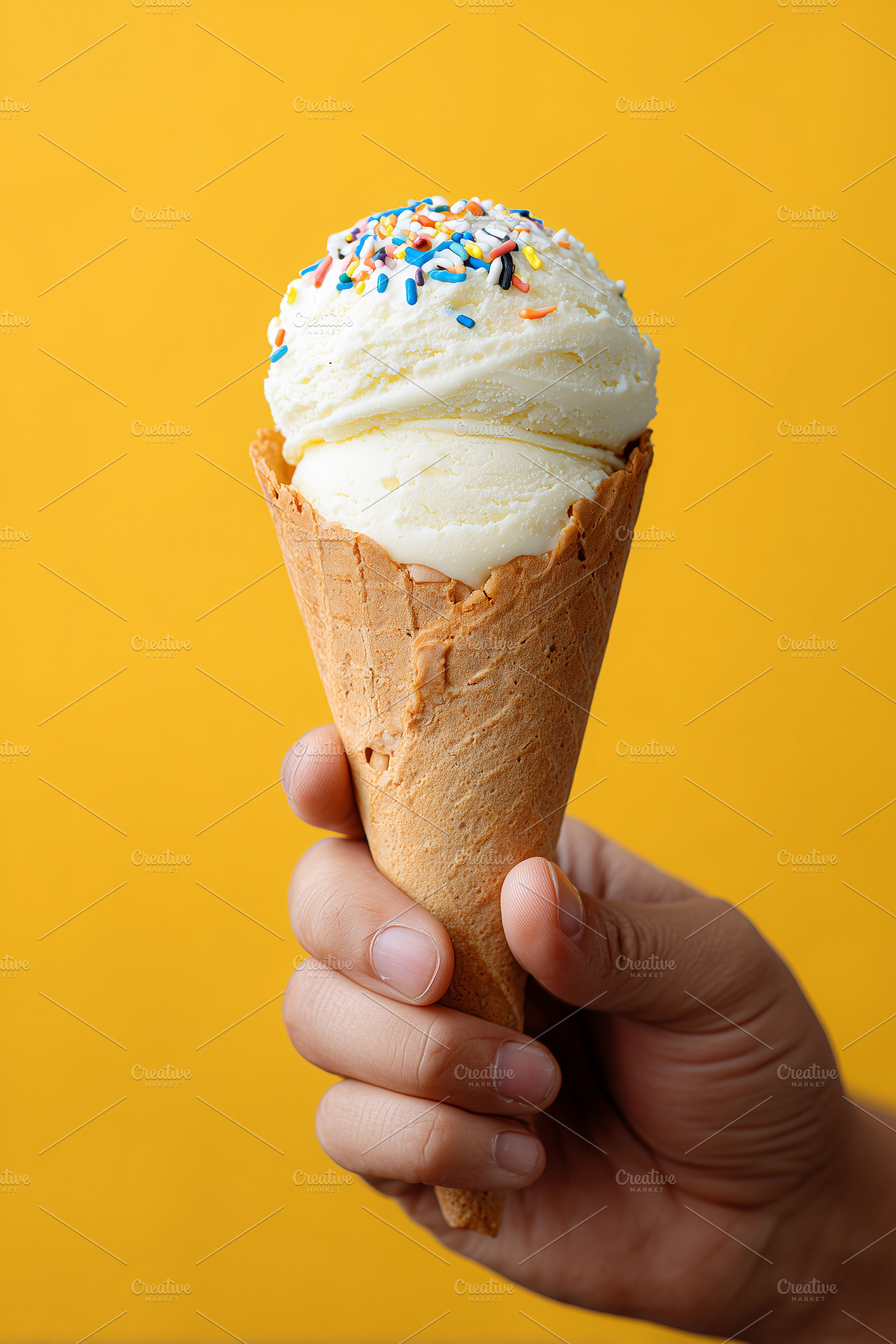 Hand holding vanilla ice cream cone, a Food & Drink Photo by MistyDay