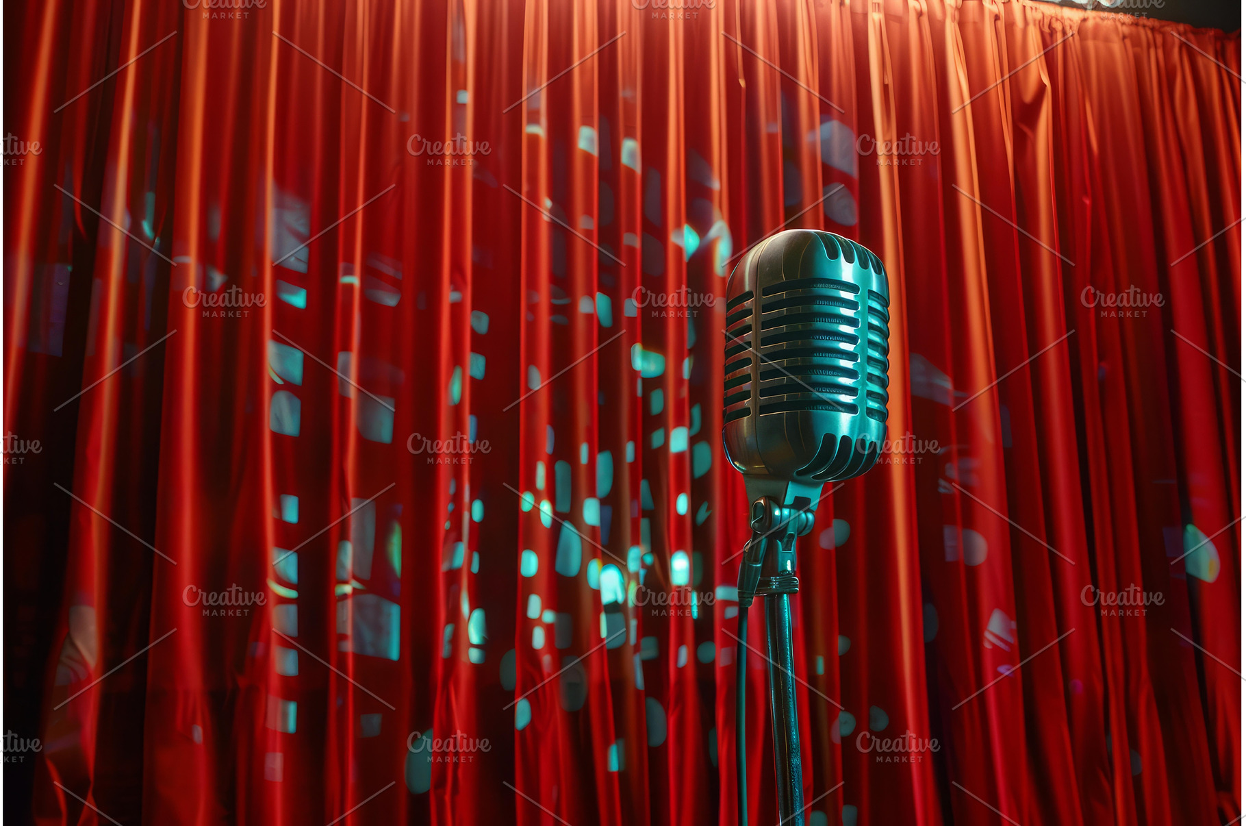 Vintage microphone on stage with red, an Arts & Entertainment Photo by Ylivdesign