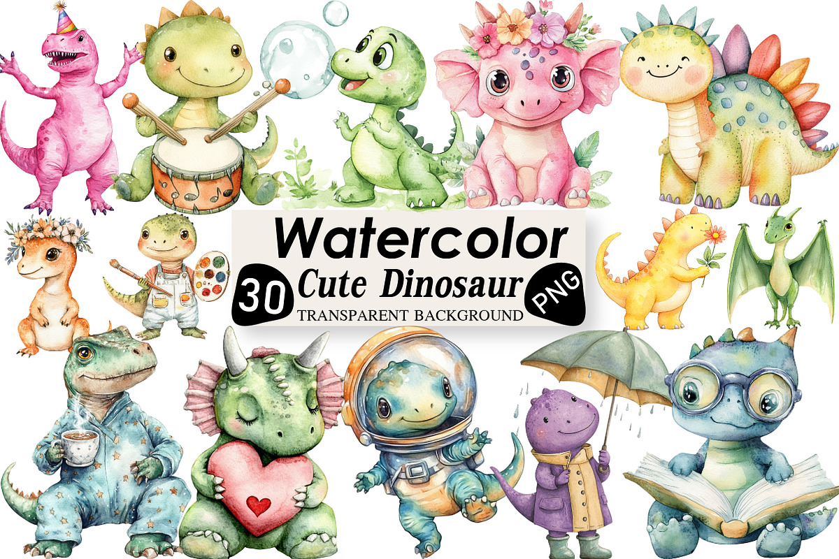 Cute Dinosaur Clipart, an Illustration by Black Bird Studio (Photo 1 of 6)