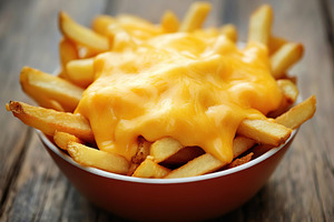 Tasty french fries topping with cheddar cheese on wooden table, a Food & Drink Photo by AlyaAnd