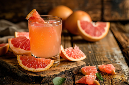 Glass of grapefruit juice with fresh fruit on wooden table, a Food & Drink Photo by AlyaAnd