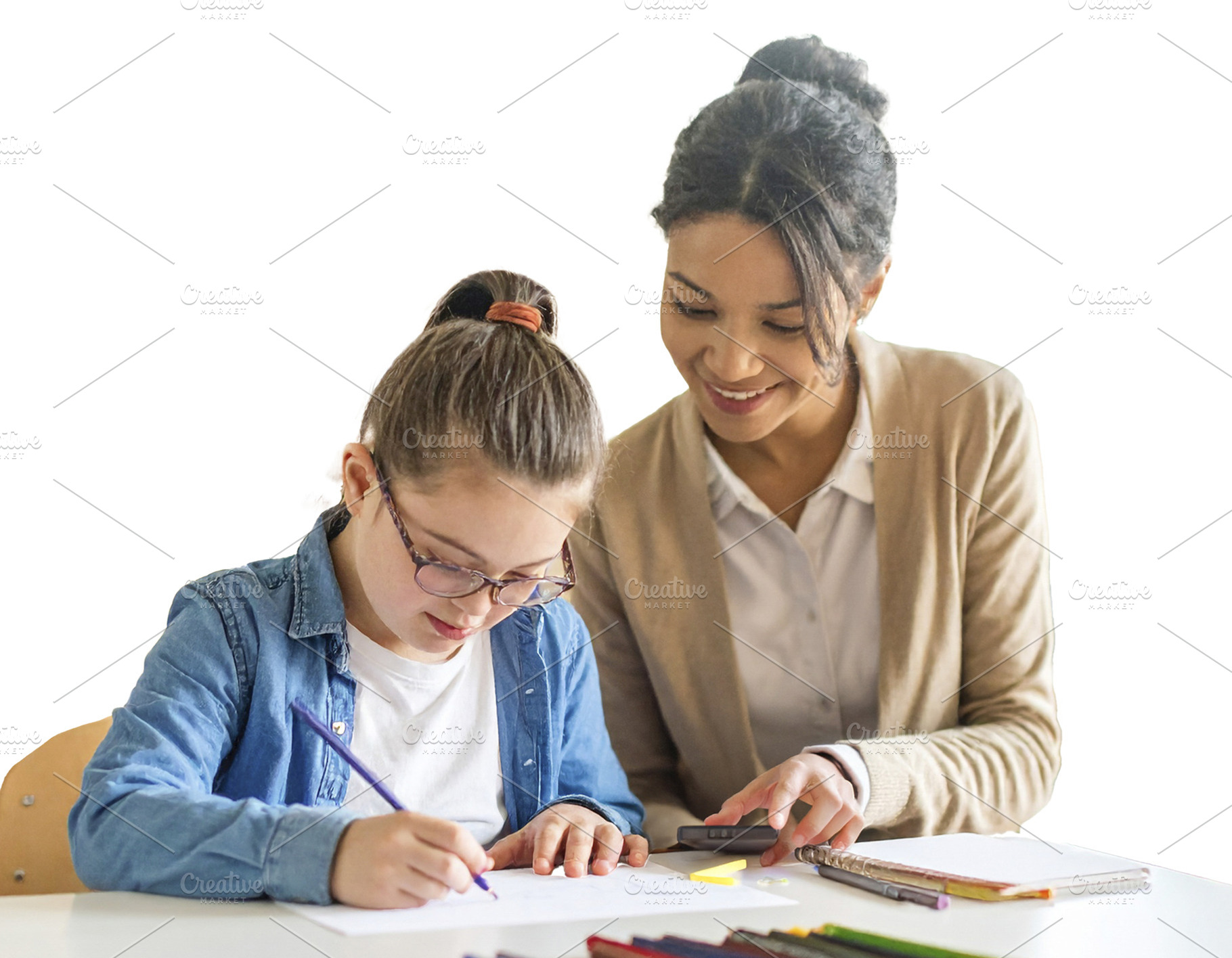 Young teacher with down syndrome girl isolated photo, a Person Photo by DanFLCreativo
