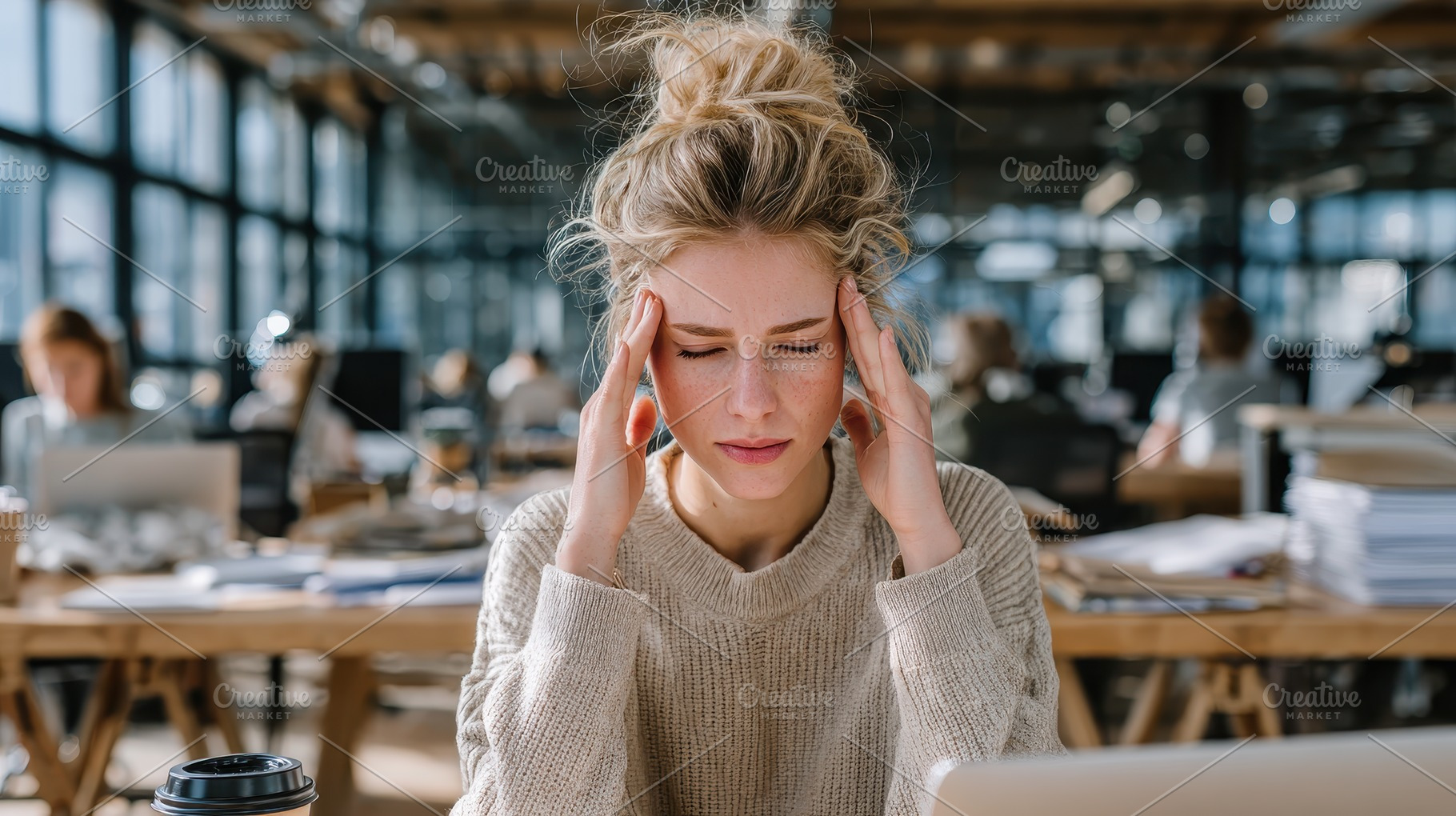 Woman experiencing headache at work, a Photo by Pixeness Studio