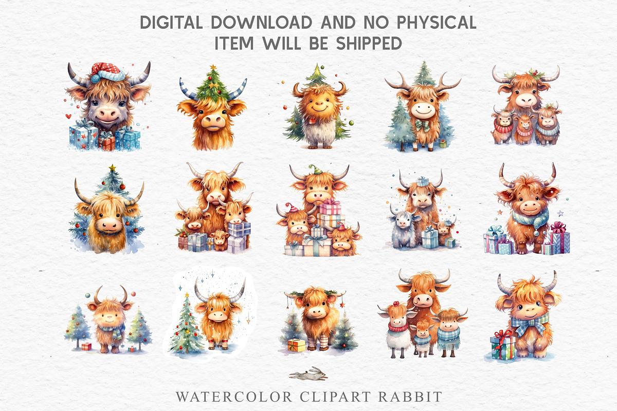Christmas Baby Highland Cow Clipart, a Seasonal Illustration by Rabbit Heart (Photo 6 of 10)