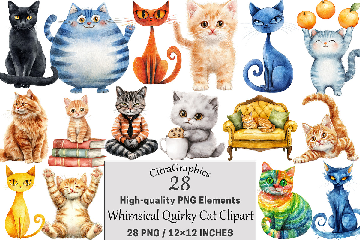 Whimsical Quirky Cat Clipart, a Seasonal Illustration by CitraGraphics (Photo 1 of 4)