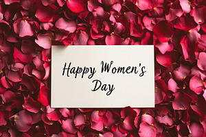 Greeting card with text Happy Women's Day and rose flowers petals, a Background Photo by AlyaAnd