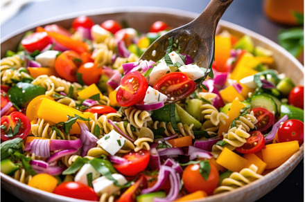 spoon serving colorful pasta salad, a Food & Drink Photo by Sergey Kotenev