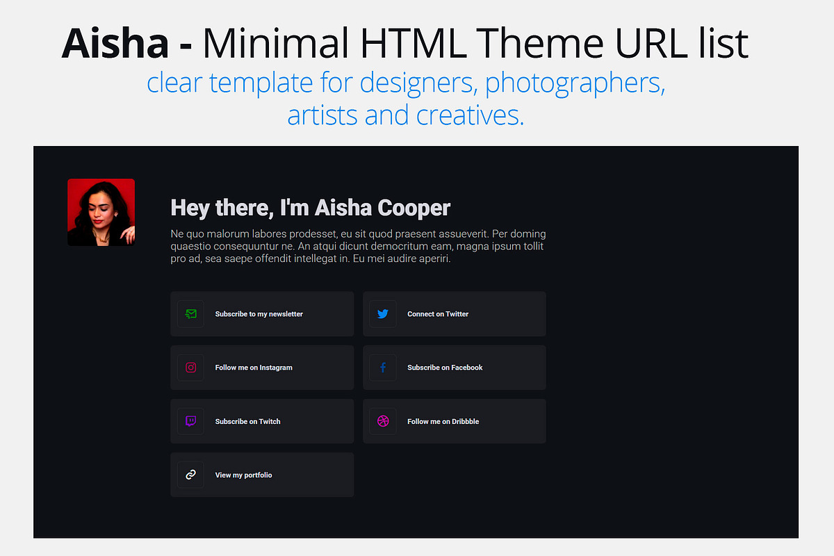 Aisha - Easy URL List HTML Template, a HTML Template by AntonyChernianu