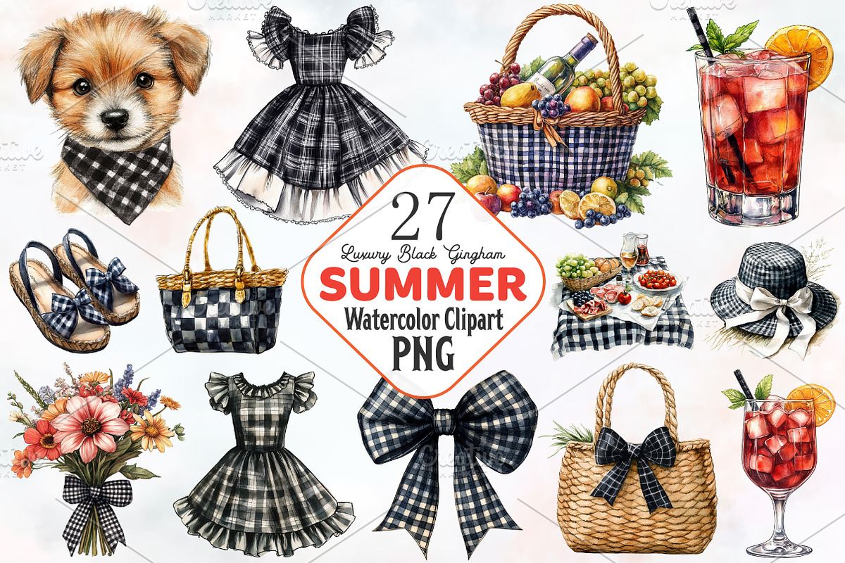 Luxury Black Gingham Summer Clipart, an Illustration by RobertsArt (Photo 1 of 7)
