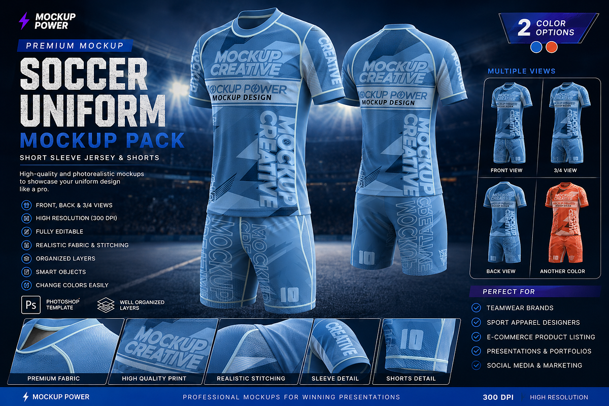 Soccer Kit Short Round Mockup 4 View, a Shirt Mockup by Mockup Power (Photo 2 of 4)