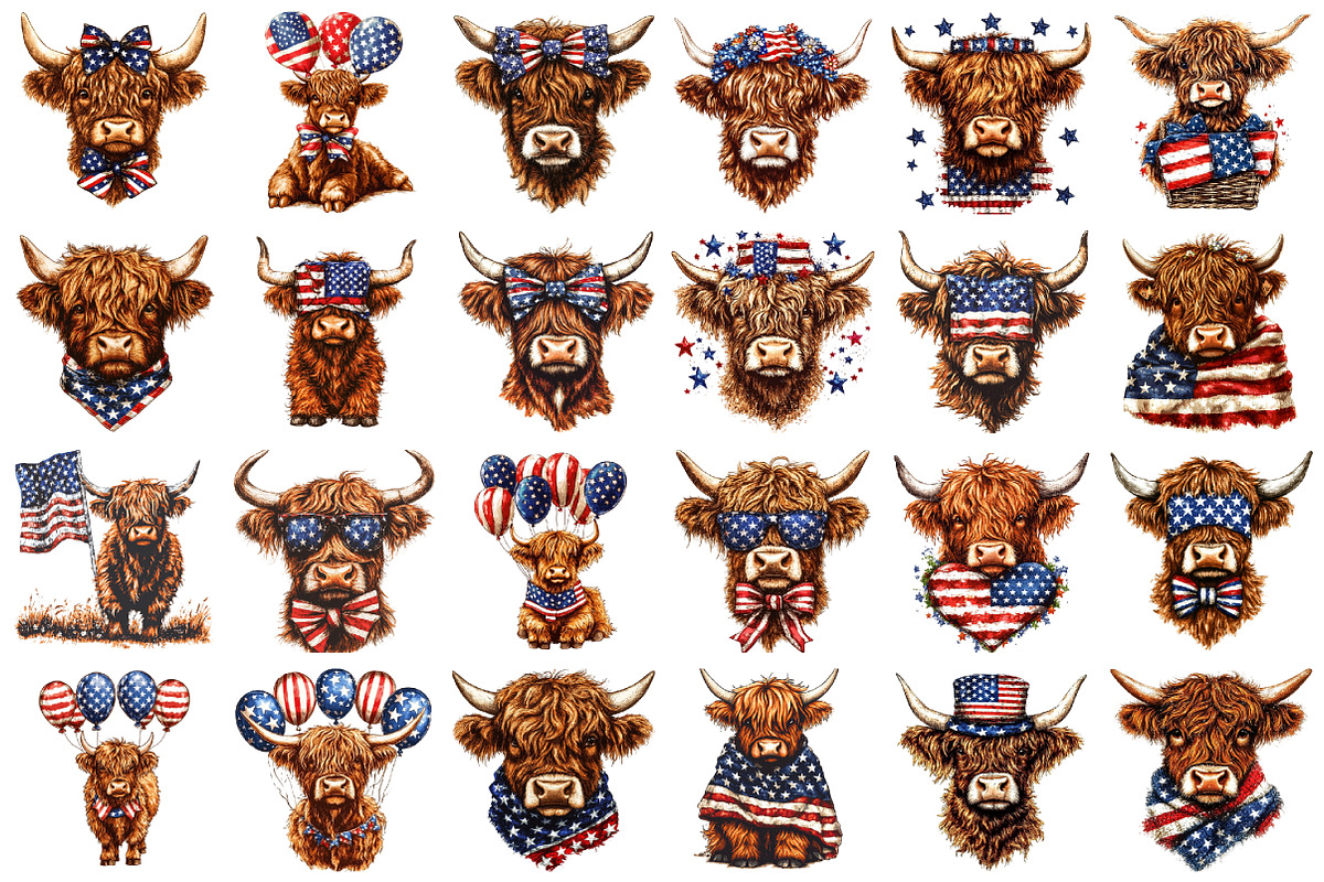 Patriotic Highland Cow Clipart PNG, an Illustration by designcity5 (Photo 2 of 5)