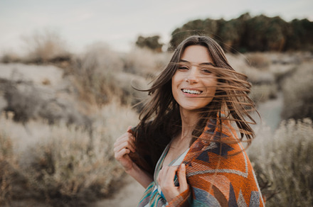 Boho girl with windy hair featuring adult, adventure, and artistic